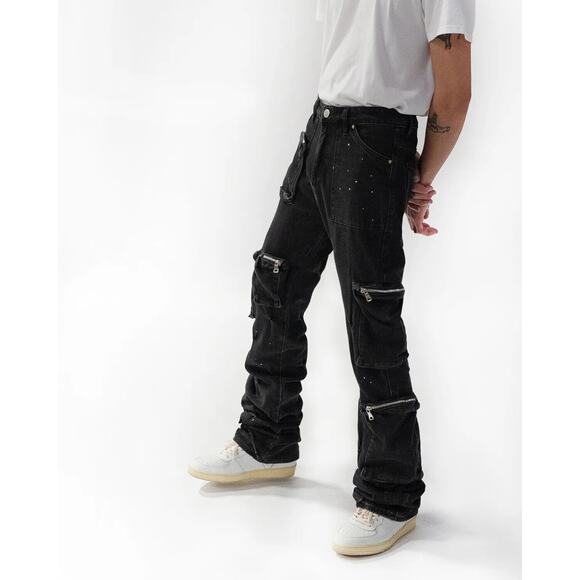 Lifted Anchors Men's Pinched Cargo Zip Pockets Flared Leg Stacked Denim Jeans